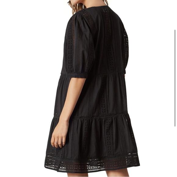 Velvet Margaret V-Neck Broderie Anglaise Mini Dress Black Size Medium - Picture 2 of 10